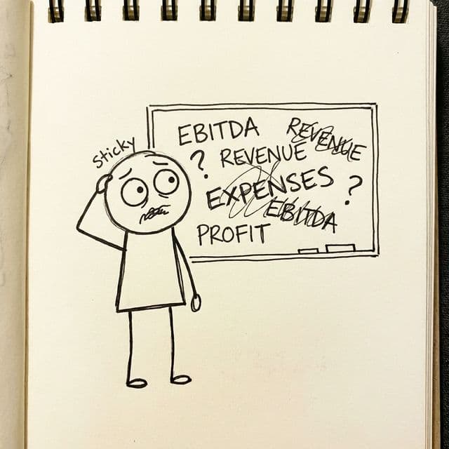 Sticky the Stickman confused by EBITDA and business terms on a whiteboard